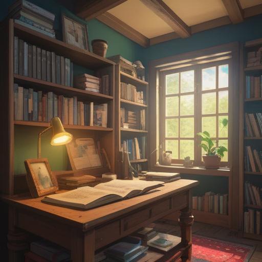 A cozy study room filled with books, a wooden desk with neatly stacked papers, a cup of steaming coffee, warm sunlight filtering through the window, a soft armchair in the corner inviting relaxation, organized chaos of ideas on a bulletin board, peaceful ambiance, an atmosphere of productivity and reflection, perfect for summarizing thoughts and concepts, 4k
