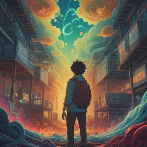 A spiritual depiction of frustration and stagnation in the workplace, ethereal colors, swirling energy representing negative vibes, a figure in contemplation surrounded by chaotic symbols of work, fading clock faces, floating documents, a tangled web of thoughts, serene yet troubled expression, 4k