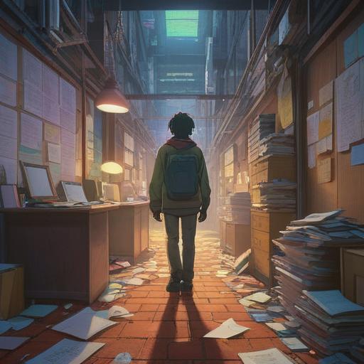 A motivational scene depicting a person standing at a crossroad, one path leading towards a busy office filled with papers and stress, the other path leading to a serene landscape with open skies and opportunities, hopeful expression, symbolism of growth and new beginnings, vibrant colors, inspiring atmosphere, 4k