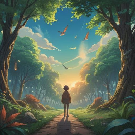 A serene moment of a person standing at a crossroads, peaceful expression, surrounded by nature, soft light filtering through trees, birds soaring in the sky, symbols of freedom and new beginnings, vibrant colors, a feeling of release, reflective atmosphere, 4k