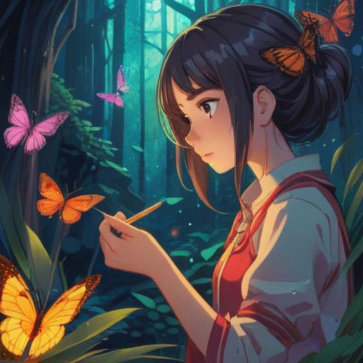 A serene illustration showing a person contemplating a significant life change, symbolic signs around them like feathers, butterflies, and sparkles of light, an ethereal glow illuminating their face, surrounded by nature, a peaceful atmosphere, a sense of introspection, vibrant colors, detailed foliage in the background, emphasizing the theme of spiritual awareness and transformation, 4k