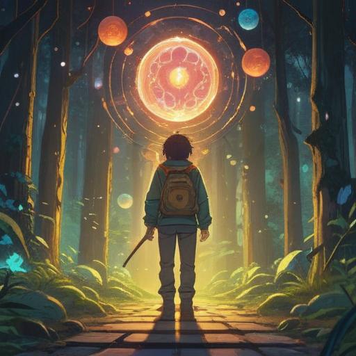 A serene and uplifting illustration of a person standing at a crossroads, surrounded by glowing orbs of light symbolizing spiritual guidance, a gentle breeze rustling nearby leaves, soft sunlight filtering through branches, a feeling of peace and clarity, vibrant colors, mystical atmosphere, detailed background with symbols of freedom and opportunity, 4k