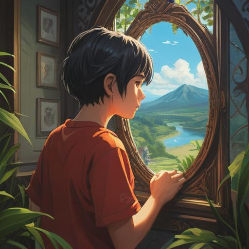 A reflective moment in a serene setting, a person looking in a mirror, contemplating their journey, surrounded by nature, soft sunlight filtering through trees, a path leading into the distance, representing new beginnings, calm and inspiring atmosphere, 4k