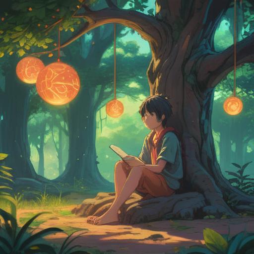 A serene and contemplative scene, a person sitting under a large tree, surrounded by soft glowing orbs, gentle sunlight filtering through leaves, an open journal and a pen in hand, deep in thought, symbolizing reflection and inner peace, ethereal atmosphere, soft pastel colors, harmonious environment, 4k