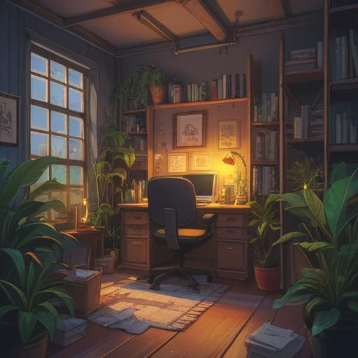 A serene and calming illustration of an office environment with aromatic candles and essential oil diffusers, soft light illuminating the space, plants adding a touch of nature, employees relaxing with a sense of peace, subtle scents wafting through the air, warm and inviting atmosphere, stress relief through aromatherapy, 4k