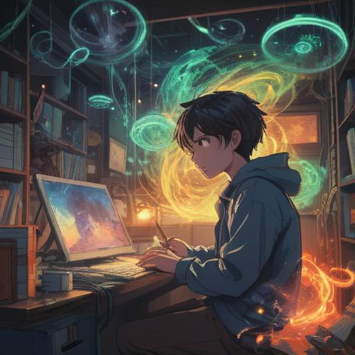 A thoughtful scene depicting a person surrounded by swirling thoughts and chaotic energy, representing the feeling of making mistakes at work, ethereal lights illuminating the surroundings, a shadowy figure symbolizing doubt, plants symbolizing growth and learning amidst confusion, soft colors, dreamlike atmosphere, detailed expressions of concern and contemplation, 4k