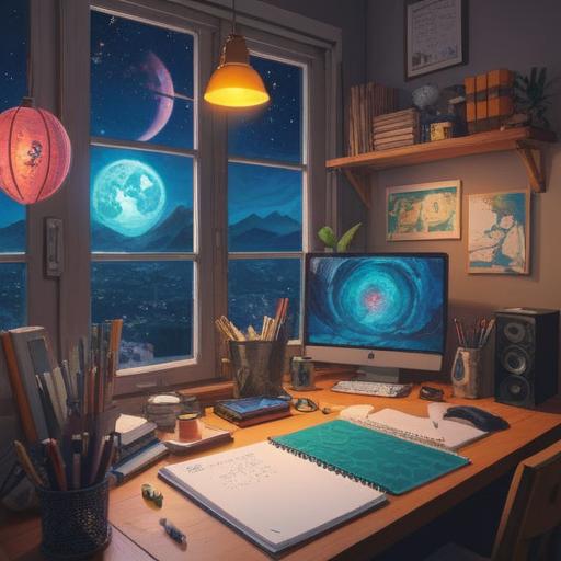 A creative workspace featuring a lucky charm on a desk, bright and inspiring colors, a calendar showing important deadlines, a notepad with checklists, motivational quotes on the wall, a laptop open with a completed project, an organized environment promoting productivity, harmonious atmosphere, focus on the lucky item, 4k