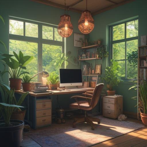 A serene and inviting workspace, bright natural light streaming through large windows, organized desk with plants and personal inspirational items, color-coordinated stationery for a calming effect, cozy seating area with soft cushions, motivational quotes displayed, harmonious blend of productivity and relaxation, perfect balance of aesthetics and functionality, 4k