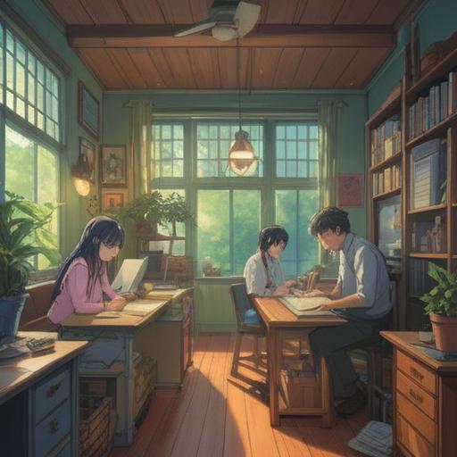 A serene and uplifting illustration of a workspace, featuring a diverse group of professionals collaborating harmoniously, soft ethereal light illuminating their faces, symbolic objects like crystals and plants suggesting spiritual energy, positive vibes, harmonious atmosphere, inspiring teamwork, clear communication, surrounded by nature, 4k