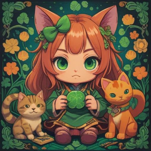 A vibrant illustration of a lucky charm for a work partner, featuring a four-leaf clover, a lucky cat, and a small fortune cookie, arranged on a desk with motivational quotes in the background, the charm emitting a warm glow, symbolizing good fortune and teamwork, inviting atmosphere, 4k