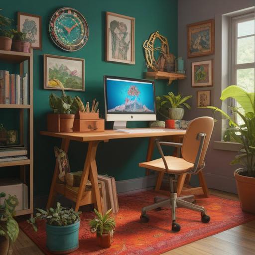A creative and motivational workspace, featuring a desk with a lucky charm prominently displayed, vibrant plants surrounding it, a vision board with inspiring quotes, a laptop showing successful projects, warm lighting creating a positive atmosphere, organized stationery, a sense of determination and focus, 4k