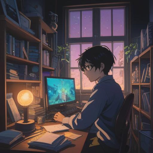 A mystical interpretation of a person sitting at a cluttered desk, surrounded by shadows symbolizing procrastination, ethereal light illuminating their face, symbolic representations of creativity blocked, a window revealing a stormy sky outside, calm yet chaotic atmosphere, delicate swirling patterns in the background, soft focus, dreamy quality, spiritual essence, 4k