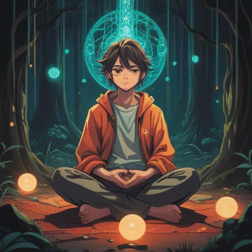 A serene illustration depicting a person sitting cross-legged in a meditative pose, surrounded by glowing orbs of light, subtle energy waves flowing around them, a gentle aura of colors representing various emotions, soft sunlight filtering through lush green trees in the background, a feeling of calm and introspection, mystical symbols softly illuminated in the air, capturing the essence of spiritual awareness, 4k