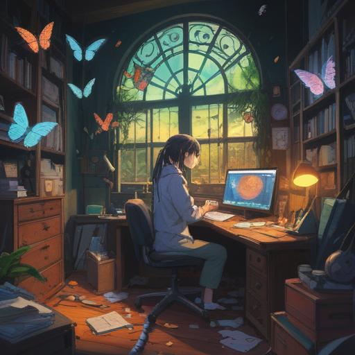 A detailed illustration capturing the essence of spiritual signs in the workplace, depicting a person encountering various signs such as broken clocks, butterflies, and unexpected synchronicities, reflecting stress and uncertainty, vibrant colors, mystical aura, symbolic imagery representing intuition and guidance, thoughtful expression, 4k