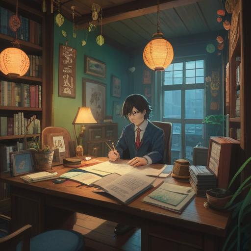 A serene office scene, a person holding a lucky charm, symbols of good fortune surrounding them, a calming desk cluttered with paperwork, warm sunlight streaming through the window, a sense of relief and positivity in the air, vibrant colors, hopeful ambiance, 4k