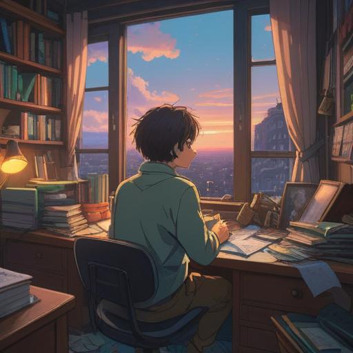 A contemplative scene depicting a person sitting at a cluttered desk, gazing out of a window with a weary expression, ethereal light streaming in, surrounded by floating spiritual symbols and motivational quotes, soft colors conveying a peaceful yet introspective mood, a juxtaposition of mundane office items and mystical elements, symbolizing the struggle between routine and spirituality, 4k