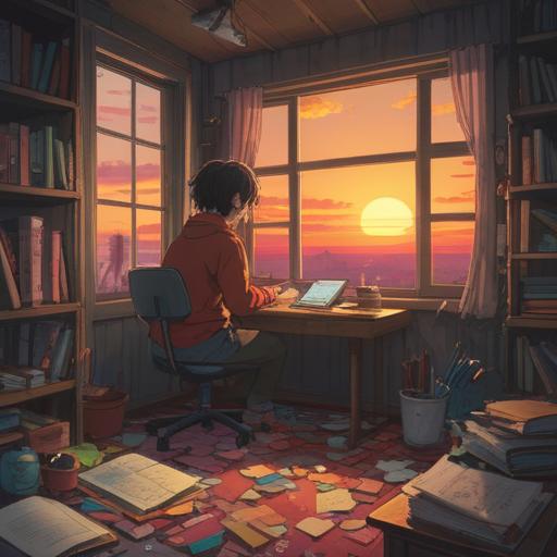 A serene and contemplative scene depicting a person sitting at a cluttered desk, gazing out of a window towards a vibrant sunset, symbols of spiritual awakening such as glowing orbs around them, contrasting feelings of boredom and enlightenment, lush greenery outside symbolizing growth and change, soft light filtering through, inviting atmosphere, 4k