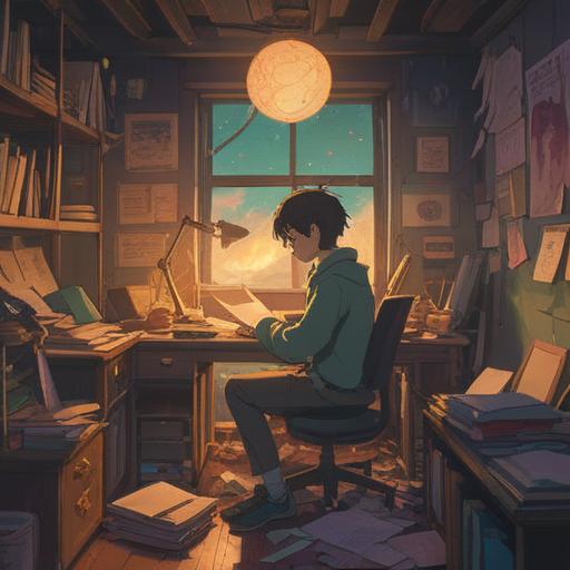 A serene illustration depicting a person sitting at a cluttered desk, surrounded by papers and a glowing aura, ethereal light suggesting a spiritual presence, subtle symbols of mindfulness and introspection floating around, a window revealing a peaceful nature scene outside, warm sunlight casting gentle shadows, inviting atmosphere, 4k