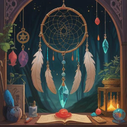 A serene and calming scene depicting various spiritual lucky items, such as a crystal, a dreamcatcher, and a journal, arranged on a wooden desk, soft ambient lighting, peaceful atmosphere, gentle hints of nature through a nearby window, inviting and tranquil, promoting creativity and focus, 4k