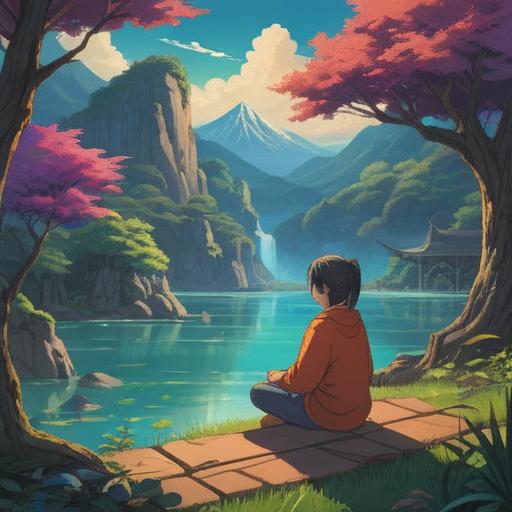 A contemplative landscape illustrating the feeling of boredom at work with spiritual undertones, serene colors, a tranquil setting, a person meditating under a tree, soft rays of sunlight breaking through, distant mountains symbolizing escape, gentle river reflecting inner thoughts, 4k