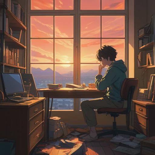 A contemplative scene depicting a person sitting at a cluttered desk, gazing out of a window, soft sunlight filtering through the glass, symbolizing introspection and self-discovery, surrounded by notes and sketches representing dreams and aspirations, a clock showing the passage of time, a serene expression on their face, conveying a sense of awakening and new beginnings, peaceful atmosphere, 4k