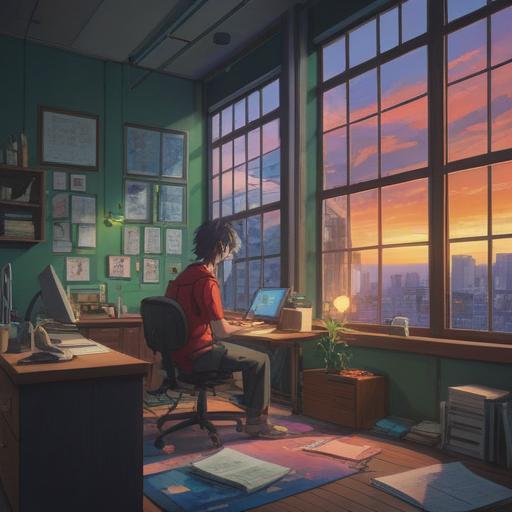 A serene office setting with a person looking contemplative, soft light filtering through a window, signs of burnout such as a cluttered desk and an empty coffee cup, subtle spiritual symbols in the background representing intuition and inner guidance, balanced composition, inviting atmosphere, 4k