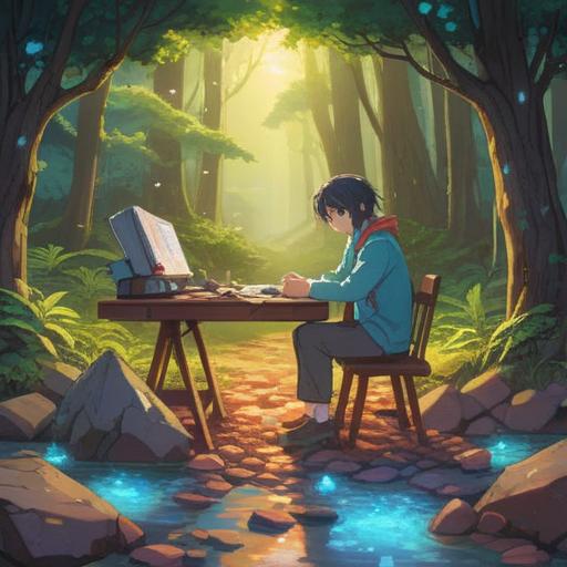 A serene and calming scene of a person sitting at a desk, surrounded by nature, vibrant lucky stones in various colors and shapes, sunlight filtering through the window, evoking a sense of creativity and inspiration, soft focus on the stones, tranquil atmosphere, 4k