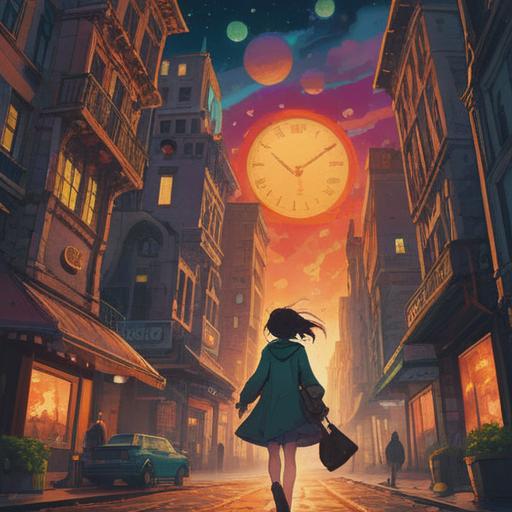 A surreal illustration depicting a person rushing through a dimly lit cityscape, clock towers looming overhead, feelings of anxiety and urgency reflected on their face, dreamlike elements like floating clocks and ethereal figures, symbolic representation of spiritual warning signs, intricate details in the environment, soft lighting enhancing the dreamlike quality, 4k