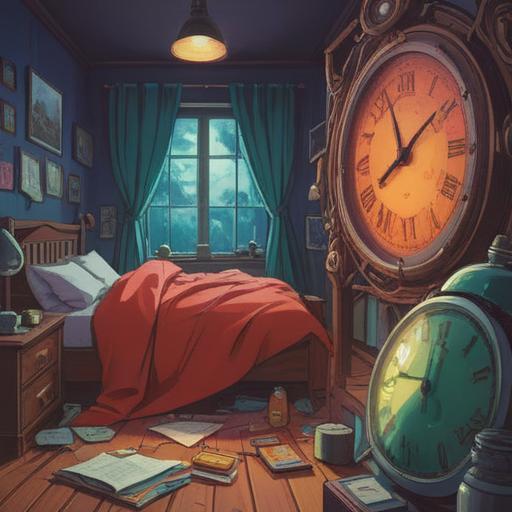 A surreal scene depicting a person waking up in a panic after dreaming of being late for work, a bright and colorful alarm clock ringing loudly, a broken coffee cup spilling coffee in the foreground, lucky items scattered around the room such as a four-leaf clover and a horseshoe, rays of sunlight streaming through the window, a sense of relief and hope, vibrant colors, whimsical details, dreamlike atmosphere, 4k