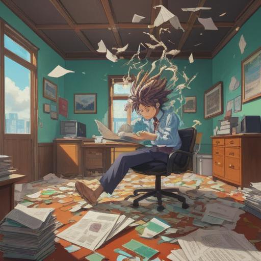 A surreal illustration depicting a person rushing through a dream-like office environment, clocks melting, chaotic papers flying around, an expression of anxiety and determination on their face, symbolic elements representing lessons learned from tardiness, vibrant colors, imaginative scenery, reflective atmosphere, dream interpretation theme, 4k