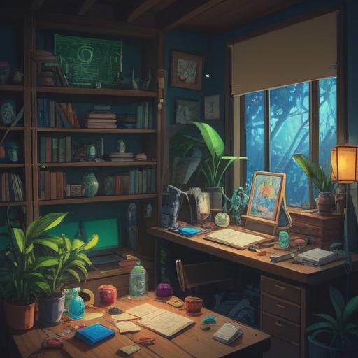A vibrant illustration of a desk cluttered with lucky items for improving work fortune, a glowing crystal, a small bamboo plant, a lucky coin, motivational notes scattered around, an open laptop with a bright screen showing positive emails, soft sunlight streaming through the window, an inviting atmosphere, 4k