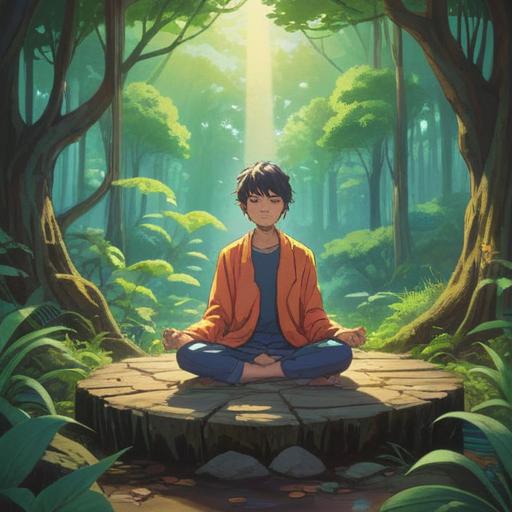 A serene and inspiring scene depicting a person meditating in a peaceful environment, surrounded by nature, soft morning light filtering through trees, symbols of prosperity and growth in the background, a journal and pen nearby, tranquil atmosphere, inner peace, positive energy, mindfulness, 4k