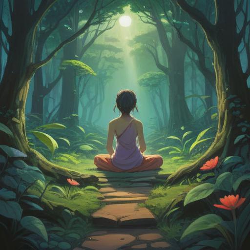 A mystical and serene landscape, ethereal light illuminating a path, symbols of struggle transforming into growth, a figure meditating in nature, vibrant colors reflecting inner peace, connectedness with the universe, signs of spiritual awakening, inspiring atmosphere, 4k