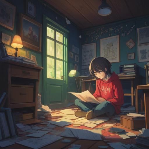 A serene and introspective scene, an individual sitting alone in a dimly lit room, surrounded by scattered papers and a laptop, subtle shadows indicating stress, a glowing crystal nearby representing spiritual guidance, ethereal light illuminating the space, symbols of intuition and awareness in the background, calming colors, reflective mood, nature-inspired elements like plants to suggest growth, gentle aura, 4k