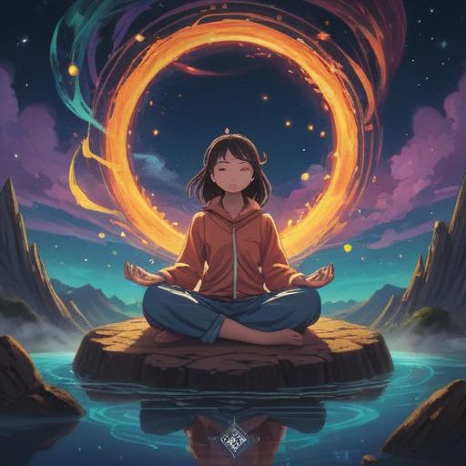 A radiant illustration of a person meditating under a starry sky, vibrant energy swirling around them, ethereal glow emanating from their heart, lush nature in the background, butterflies fluttering, a sense of serenity and enlightenment, spiritual symbols subtly integrated, harmonious colors, uplifting atmosphere, 4k