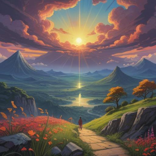 A serene and mystical landscape, subtle signs of hope emerging, a soft glow illuminating hidden messages, contrasting dark clouds with rays of light, nature's resilience symbolized by blooming flowers, a gentle stream reflecting the light, ethereal elements suggesting spiritual guidance, tranquil atmosphere, 4k