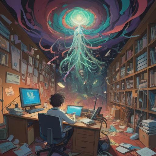 A surreal illustration of a person overwhelmed by a whirlwind of chaotic office elements, ghostly figures representing stress and negativity hovering nearby, vibrant colors contrasting with dark shadows, an ethereal light symbolizing hope breaking through, subtle hints of nature entwined in the chaos to signify balance, 4k