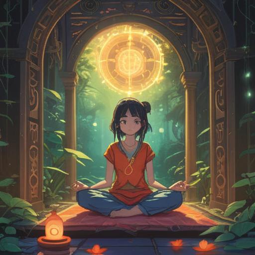 A serene scene depicting a person sitting quietly in meditation, surrounded by subtle glowing symbols representing spiritual signs, soft natural light filtering through the trees, gentle breeze creating a sense of calm, vibrant yet soothing colors, peaceful facial expression, connected with nature, signs of intuition and guidance, 4k