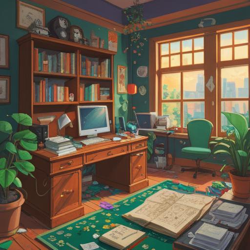 A whimsical illustration of a cluttered office desk, featuring a lucky charm like a four-leaf clover, scattered papers and coffee cups, a computer displaying an error message, an anxious character holding their head in frustration, bright yet comforting colors, a sense of hope in the air, detailed background elements like motivational posters and plants, vibrant yet calming atmosphere, 4k