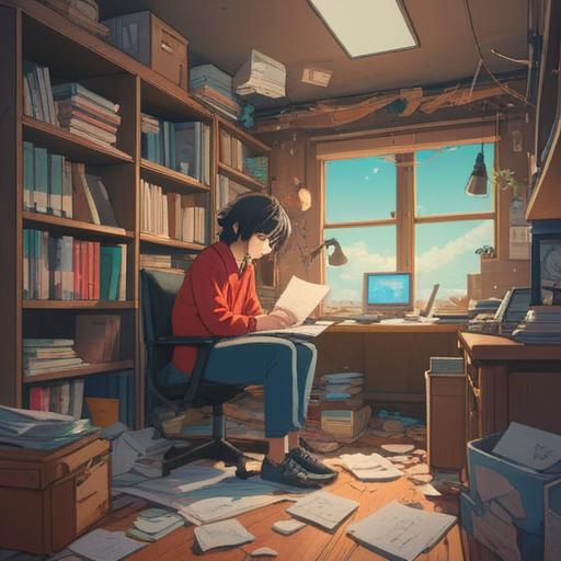 A serene and introspective scene, a person sitting in a cluttered office, surrounded by papers and unfinished tasks, feeling overwhelmed, ethereal lights illuminating symbols of spiritual signs around them, like feathers and coins, representing guidance and warnings, a blend of chaos and calm, reflective mood, 4k