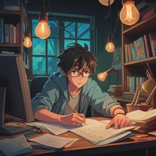 A person sitting at a cluttered desk, looking frustrated with papers scattered around, a light bulb moment occurring above their head, a serene and encouraging aura surrounding them, a calendar on the wall showing deadlines, a window with sunlight streaming in, symbols of luck like a four-leaf clover and a horseshoe, 4k