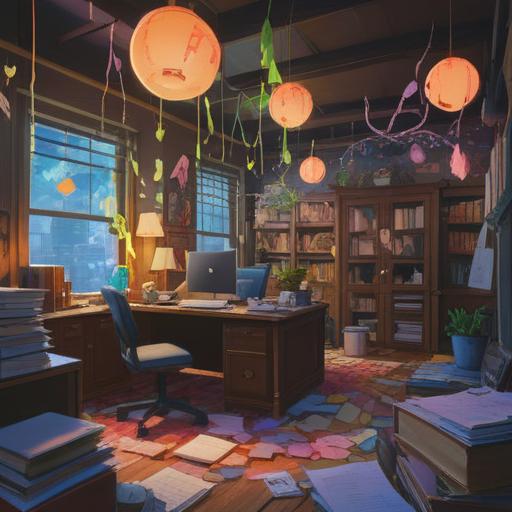 A serene and chaotic office environment, overflowing with papers and tasks, an overwhelmed individual surrounded by floating ethereal signs, a glowing aura indicating stress, subtle hints of spiritual symbols like feathers and light orbs, soothing colors blending with the chaos, conveying the need for mindfulness and balance, 4k