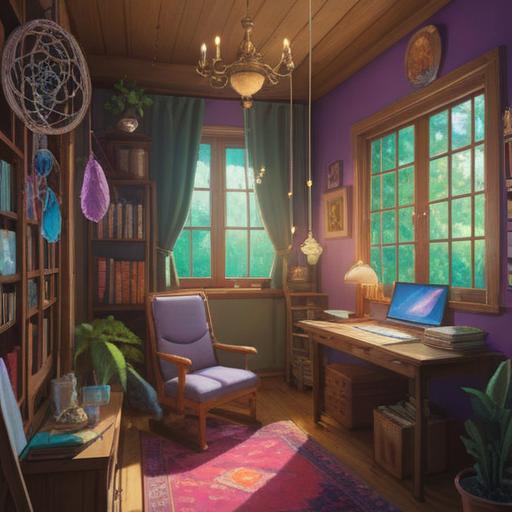 A serene workspace filled with a variety of spiritual lucky items, vibrant crystals, colorful dream catchers, an inviting atmosphere, sunlight filtering through the window, a cluttered desk with open notebooks, incense burning gently, inspiring quotes displayed, a calming presence, vibrant colors and soft textures, 4k