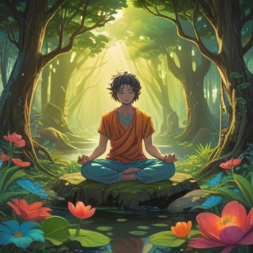 A serene and uplifting illustration depicting a person meditating in a beautiful natural setting, vibrant light radiating above their head, symbols of opportunity and growth surrounding them, warm sunlight filtering through trees, ethereal colors conveying a sense of hope and possibility, tranquil atmosphere, spiritual imagery, 4k