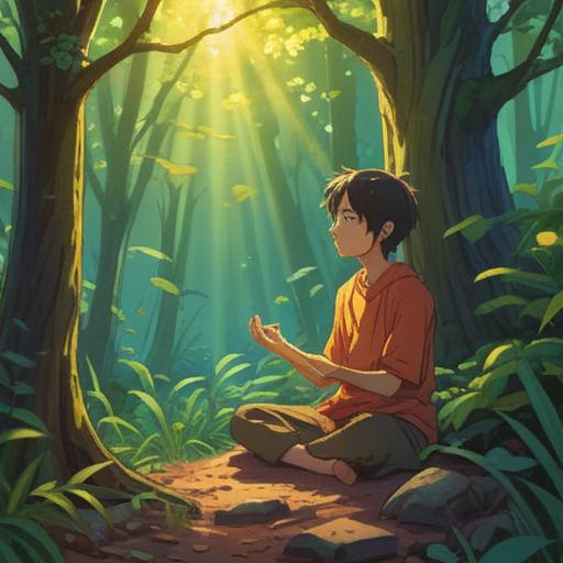 A serene and uplifting scene of a person meditating under a tree, rays of sunlight filtering through leaves, symbols of abundance and opportunity surrounding them, ethereal glow representing spiritual guidance, feeling of hope and positivity, harmonious atmosphere, nature's beauty reflecting inner peace, 4k