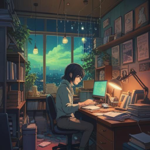 A serene illustration depicting the essence of feeling overwhelmed at work, a person sitting at a cluttered desk, ethereal lights surrounding them, symbols of stress transforming into peaceful energies, calming nature outside the window, a sense of introspection and spiritual enlightenment, vibrant colors, dreamy atmosphere, harmony in chaos, 4k