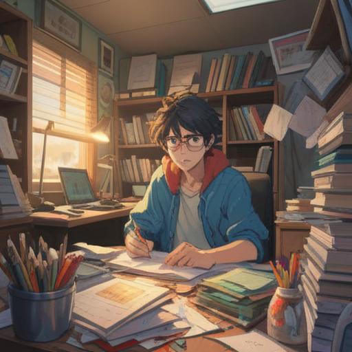 A whimsical illustration of a person sitting at a cluttered desk, surrounded by papers and office supplies, feeling frustrated, a lucky item like a four-leaf clover or a good luck charm glowing softly nearby, a hint of a bright future outside the window, warm sunlight streaming in, a calming atmosphere despite the chaos, inviting colors, 4k