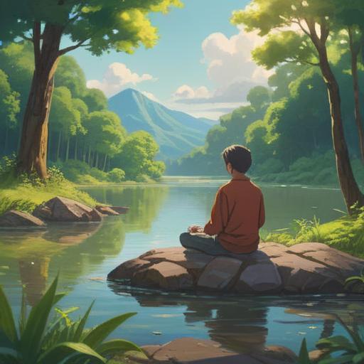 A serene nature scene depicting a person meditating by a tranquil lake, surrounded by lush greenery and gentle sunlight filtering through trees, soft waves lapping at the shore, an atmosphere of peace and reflection, the person radiating calmness and clarity, vibrant colors, harmonious balance, 4k