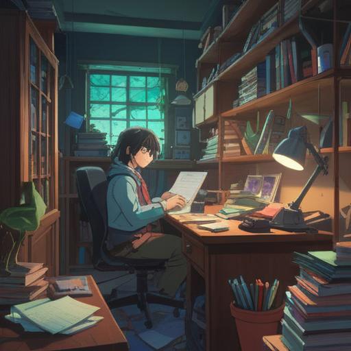 A serene illustration depicting a person at a cluttered desk, surrounded by paperwork and a laptop, a bright light emanating from above representing spiritual guidance, ethereal energy flows around the individual, symbolizing stress relief and clarity, calming colors, harmonious balance, nature elements like plants and sunlight filtering through a window, 4k