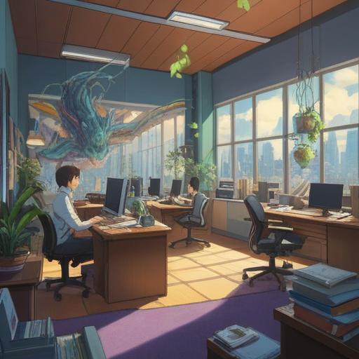 A serene and busy office scene, people working diligently at their desks, uplifting energy flowing through the space, sunlight streaming through the windows, subtle signs of spiritual growth like plants thriving, vibrant colors symbolizing positivity, balanced harmony between work and spirit, 4k